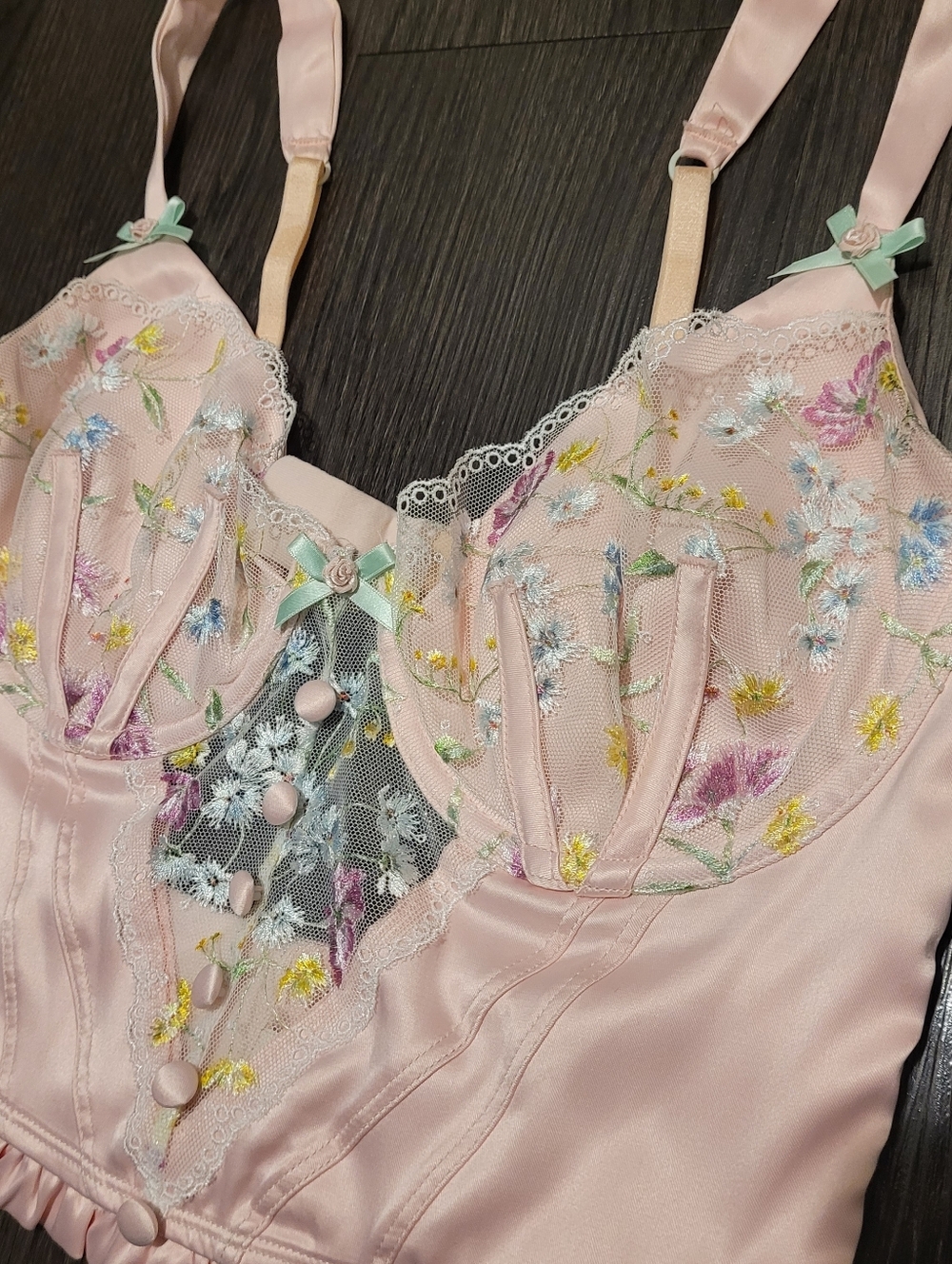 For Love & Lemons Gardenia Embroidered Bustier Top Pink Floral Medium Coquette